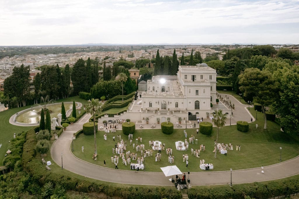 An aerial photo shows a destination wedding in Italy held at Villa Miani in Rome 